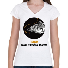 PRINTFASHION Igazi horgász vagyok - Névvel - Női V-nyakú póló - Fehér női póló