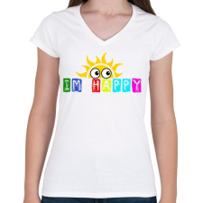 PRINTFASHION im happy - Női V-nyakú póló - Fehér női póló