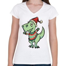 PRINTFASHION Integető karácsonyi t-rex - Női V-nyakú póló - Fehér