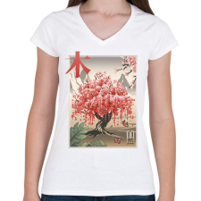 PRINTFASHION Japán sakura fa - Női V-nyakú póló - Fehér női póló