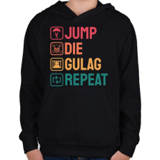 PRINTFASHION Jump, Die, Gulag, Repeat - Gyerek kapucnis pulóver - Fekete