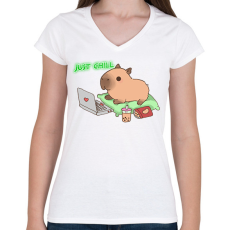 PRINTFASHION Just chill - Capybara - Női V-nyakú póló - Fehér