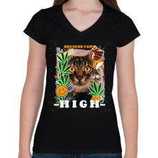 PRINTFASHION Kannabisz cica - Női V-nyakú póló - Fekete