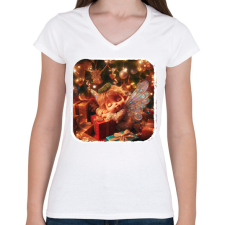 PRINTFASHION Karácsonyi angyal - Női V-nyakú póló - Fehér női póló