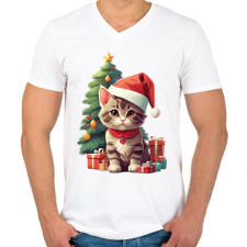 PRINTFASHION Karácsonyi cica - Férfi V-nyakú póló - Fehér férfi póló