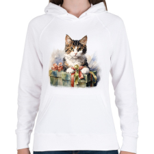 PRINTFASHION Karácsonyi cica - Női kapucnis pulóver - Fehér női pulóver, kardigán