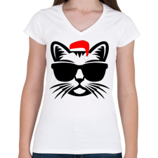 PRINTFASHION Karácsonyi Cica  - Női V-nyakú póló - Fehér női póló