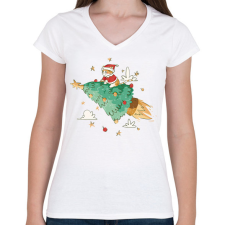 PRINTFASHION Karácsonyi cica - Női V-nyakú póló - Fehér női póló