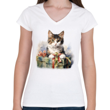PRINTFASHION Karácsonyi cica - Női V-nyakú póló - Fehér női póló