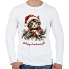 PRINTFASHION Karácsonyi cica sapiban - Férfi hosszú ujjú póló - Fehér férfi póló