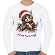 PRINTFASHION Karácsonyi cica sapiban - Férfi pulóver - Fehér