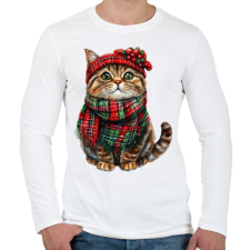 PRINTFASHION Karácsonyi cicás minta - Férfi hosszú ujjú póló - Fehér férfi póló