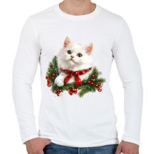 PRINTFASHION Karácsonyi fehér cica - Férfi hosszú ujjú póló - Fehér férfi póló