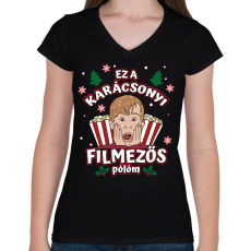 PRINTFASHION Karácsonyi filmezős póló - Női V-nyakú póló - Fekete