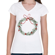 PRINTFASHION Karácsonyi koszorú piros masnival - Női V-nyakú póló - Fehér női póló