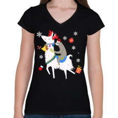PRINTFASHION Karácsonyi láma - Női V-nyakú póló - Fekete