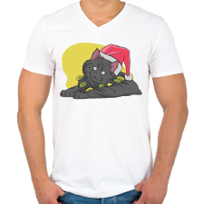 PRINTFASHION Karácsonyi macska - Férfi V-nyakú póló - Fehér férfi póló