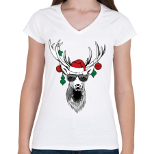 PRINTFASHION Karácsonyi party szarvas - Női V-nyakú póló - Fehér női póló