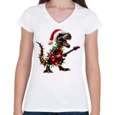 PRINTFASHION Karácsonyi  rocker tirex gitárral - karácsonyi dinoszaurusz - Női V-nyakú póló - Fehér