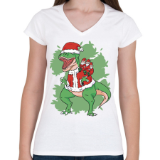 PRINTFASHION Karácsonyi T-rex - Női V-nyakú póló - Fehér női póló