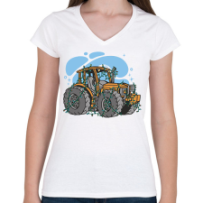 PRINTFASHION Karácsonyi traktor - Női V-nyakú póló - Fehér női póló