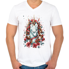 PRINTFASHION Karácsonyi unikornis - Férfi V-nyakú póló - Fehér