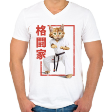 PRINTFASHION Karatés cica - Férfi V-nyakú póló - Fehér