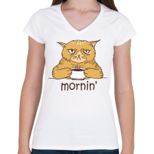 PRINTFASHION Kávés macska - Coffee cat -  Mornin' - Női V-nyakú póló - Fehér női póló