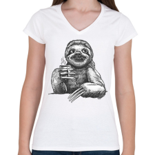 PRINTFASHION Kávézó lajhár - Női V-nyakú póló - Fehér női póló