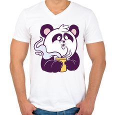 PRINTFASHION Kávézó panda - Férfi V-nyakú póló - Fehér