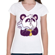 PRINTFASHION Kávézó panda - Női V-nyakú póló - Fehér