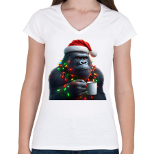 PRINTFASHION Kávézó / teázó karácsonyi party gorilla - Női V-nyakú póló - Fehér női póló
