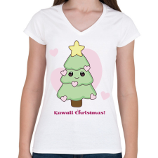 PRINTFASHION kawaii karácsonyfa - Női V-nyakú póló - Fehér női póló