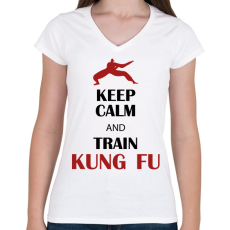 PRINTFASHION Keep calm - Kung fu - Női V-nyakú póló - Fehér