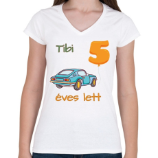 PRINTFASHION Kék kocsi - névvel, számmal - Női V-nyakú póló - Fehér