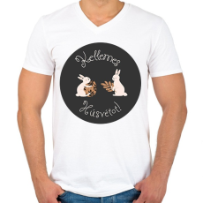 PRINTFASHION Kellemes Húsvétot - Aranyozott nyuszikkal - Férfi V-nyakú póló - Fehér
