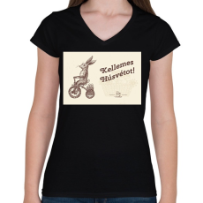 PRINTFASHION Kellemes Húsvétot - Biciklis nyúl - Női V-nyakú póló - Fekete