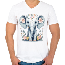 PRINTFASHION Kiselefánt virágokkal - Férfi V-nyakú póló - Fehér férfi pulóver, kardigán