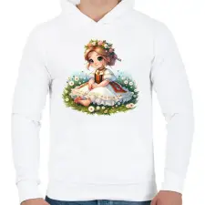 PRINTFASHION Kislány népviseletben a tavaszi virágos réten - Férfi kapucnis pulóver - Fehér férfi pulóver, kardigán