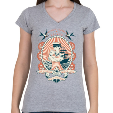 PRINTFASHION Klasszikus tengerész tetoválás - Női V-nyakú póló - Sport szürke