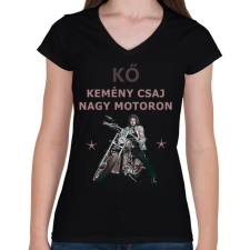 PRINTFASHION KŐ KEMÉNY CSAJ NAGY MOTORON - Női V-nyakú póló - Fekete női póló