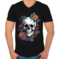 PRINTFASHION koponya pillangókkal és virágokkal - Férfi V-nyakú póló - Fekete