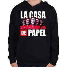 PRINTFASHION la casa de papel - A nagy pénzrablás 11 - Gyerek kapucnis pulóver - Fekete gyerek pulóver, kardigán
