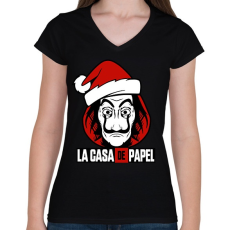PRINTFASHION La Casa De Papel Christmas - Női V-nyakú póló - Fekete