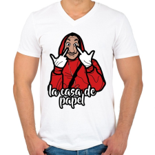 PRINTFASHION La Casa de Papel - Férfi V-nyakú póló - Fehér férfi póló