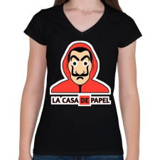 PRINTFASHION LA CASA DE PAPEL - Női V-nyakú póló - Fekete női póló