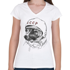 PRINTFASHION Lajka a ez első kutya az űrben - Női V-nyakú póló - Fehér