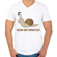 PRINTFASHION LASSAN JÁRJ TOVÁBB ÉLSZ - Férfi V-nyakú póló - Fehér