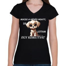 PRINTFASHION láttam egy kiskutyát - Női V-nyakú póló - Fekete