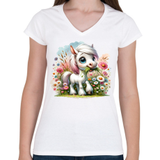 PRINTFASHION Legelésző fehér póni - Női V-nyakú póló - Fehér